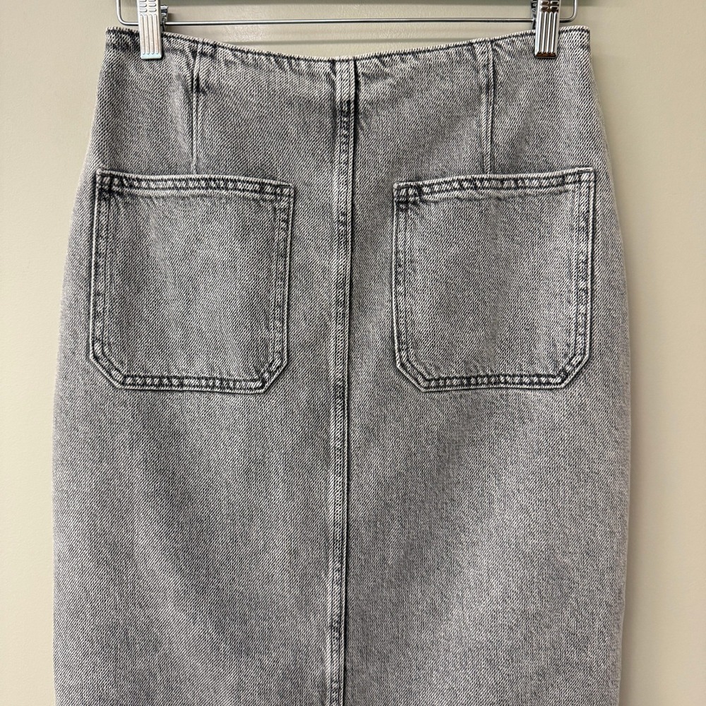 Zara Women Asymmetrical Button Front Denim Midi Skirt Size M Grey Acid Wash Slit - Picture 6 of 10